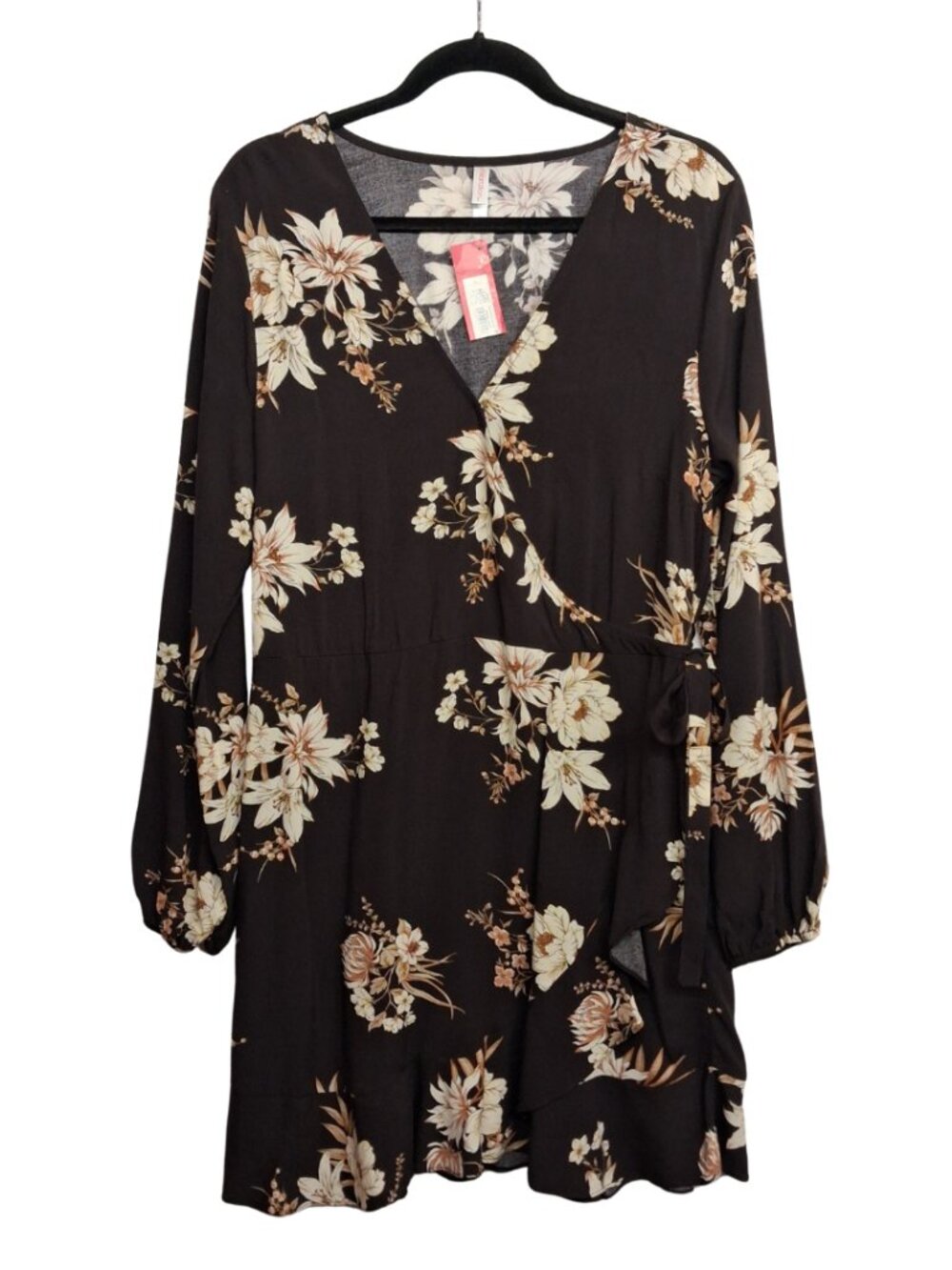 XHILARATION Brown Floral Faux Wrap Dress Long Sleeve Ruffle Mini Large NWT